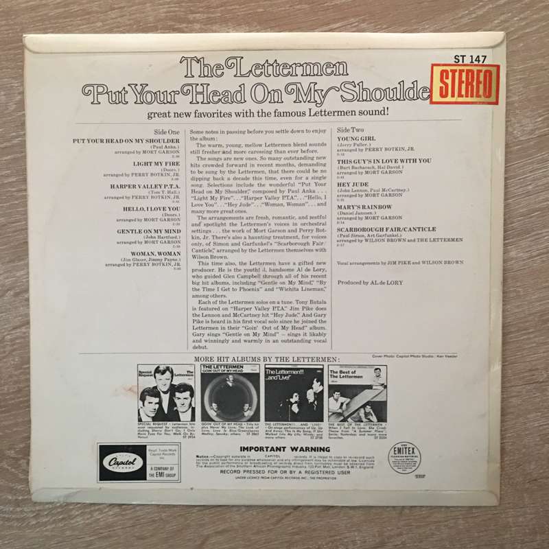 The Lettermen - Put Your Head on My Shoulder - Vinyl LP Record - Opened  - Very-Good+ Quality (VG+)