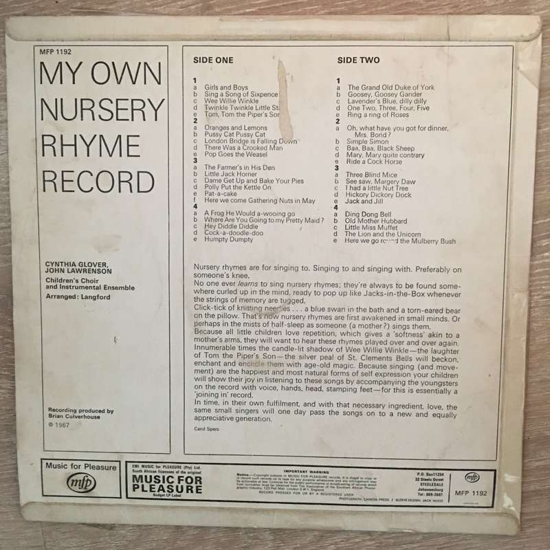 My Own Nursery Rhyme Record - Vinyl LP Record - Opened  - Good+ Quality (G+)