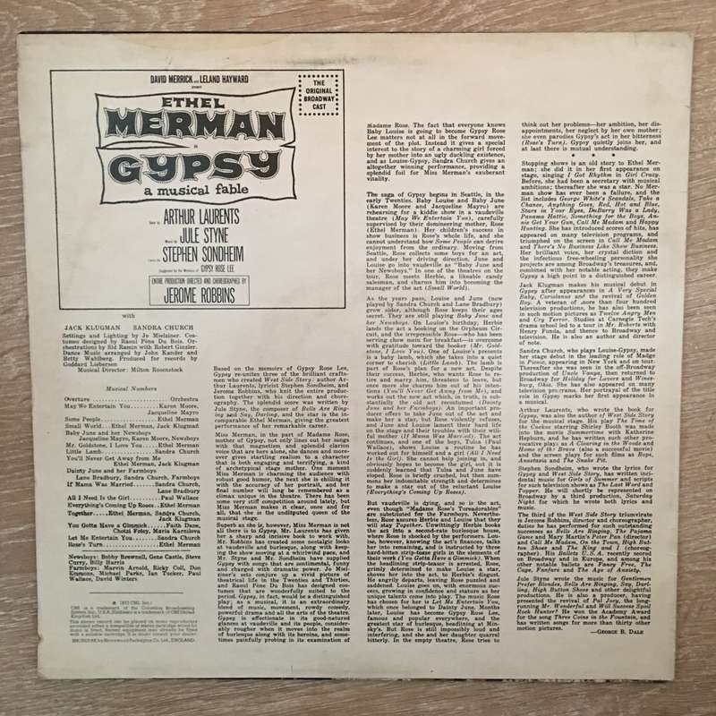 Ethel Merman  Gypsy - A Musical Fable - Vinyl LP Record  (VG+)