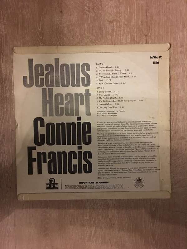 Connie Francis - Jealous Heart -  Vinyl LP Record - Opened  - Very-Good Quality (VG)