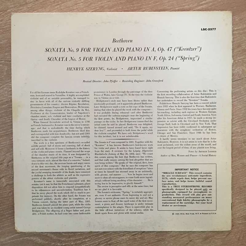 Beethoven - Rubinstein, Szeryng  Beethoven - "Kreutzer And "Spring" Sonatas - Vinyl LP Reco...