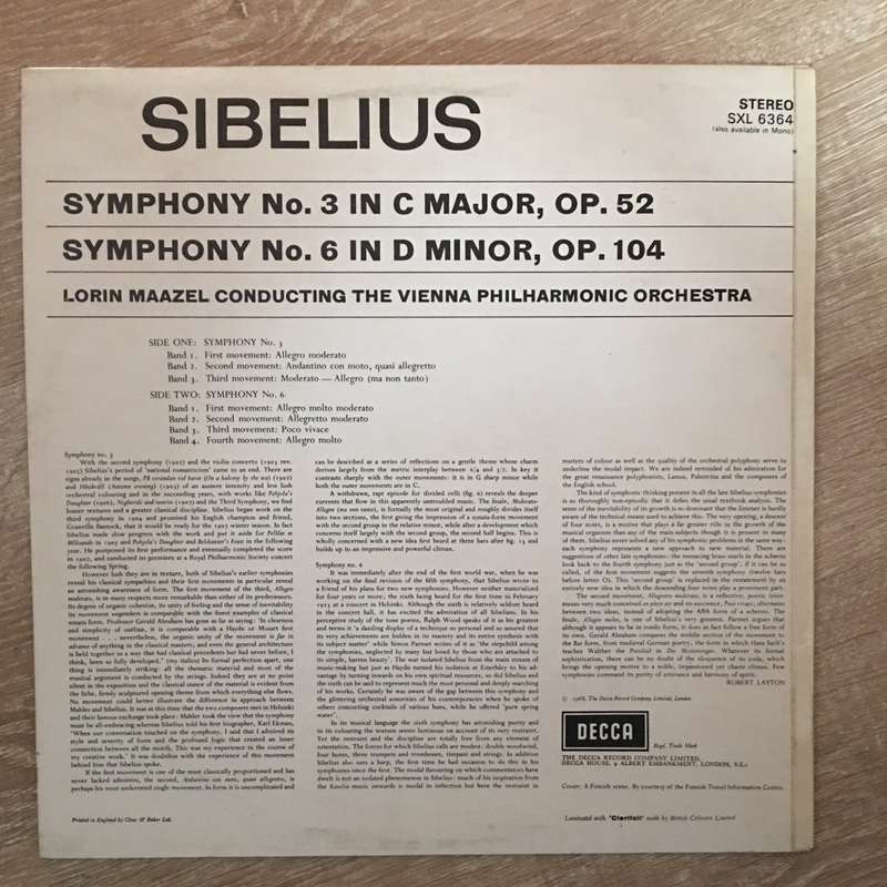 Sibelius - Maazel -  Vienna Philharmonic Orchestra  Symphony No. 3 / Symphony No. 6 - Vinyl...