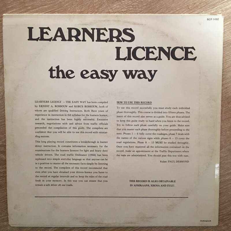 Learners Licence - The Easy Way - Vinyl LP Record - Opened  - Very-Good- Quality (VG-)