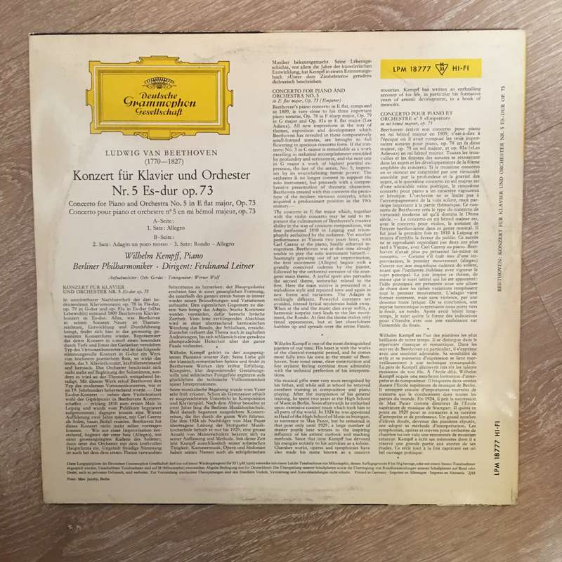 Ludwig van Beethoven, Wilhelm Kempff, Ferdinand Leitner  Concerto N. 5  Op. 73 - Vinyl Reco...