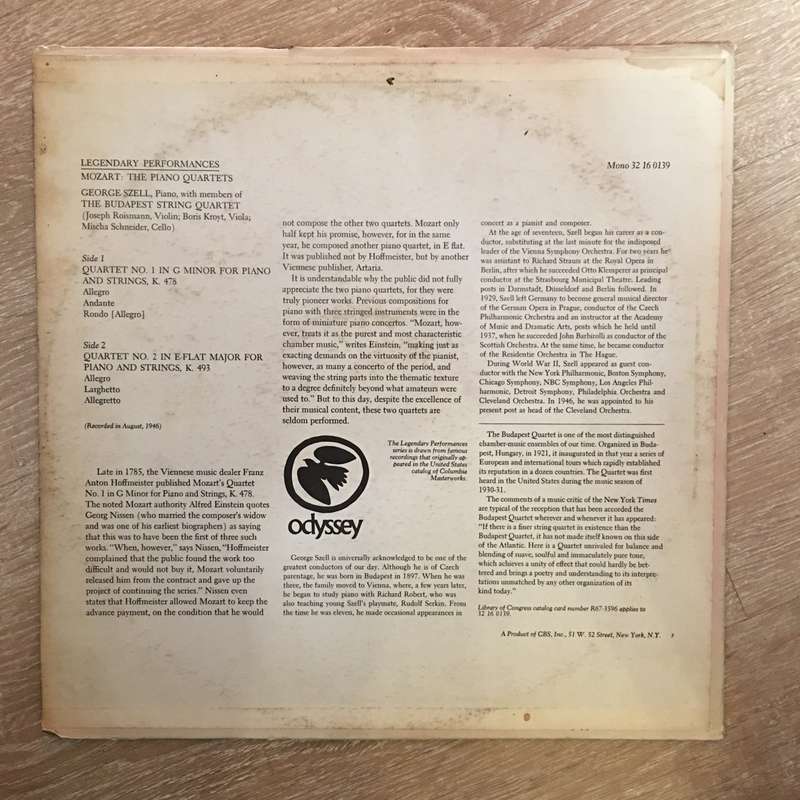Mozart  George Szell   The Piano Quartets - Vinyl Record - Opened  - Very-Good Quality (VG)