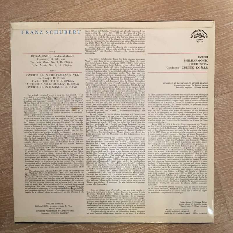 Schubert - Czech Philharmonic Orchestra Rosamunde And Overtures - Vinyl Record - Opened  - Ver...