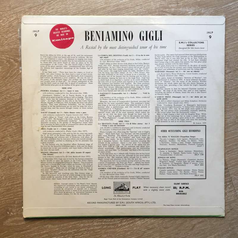Beniamino Gigli  Benjamino Gigli - Vinyl LP Record - Opened  - Very-Good+ Quality (VG+)