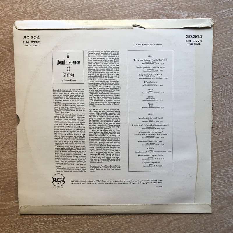 Caruso in Song - Enrico Caruso  - Vinyl LP Opened - Near Mint Condition (NM)
