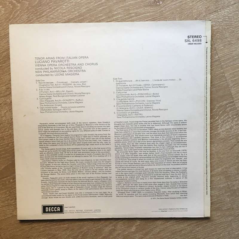 Luciano Pavarotti  Tenor Arias From Italian Opera - Vinyl LP Record - (with Lyrics Pamplet)...