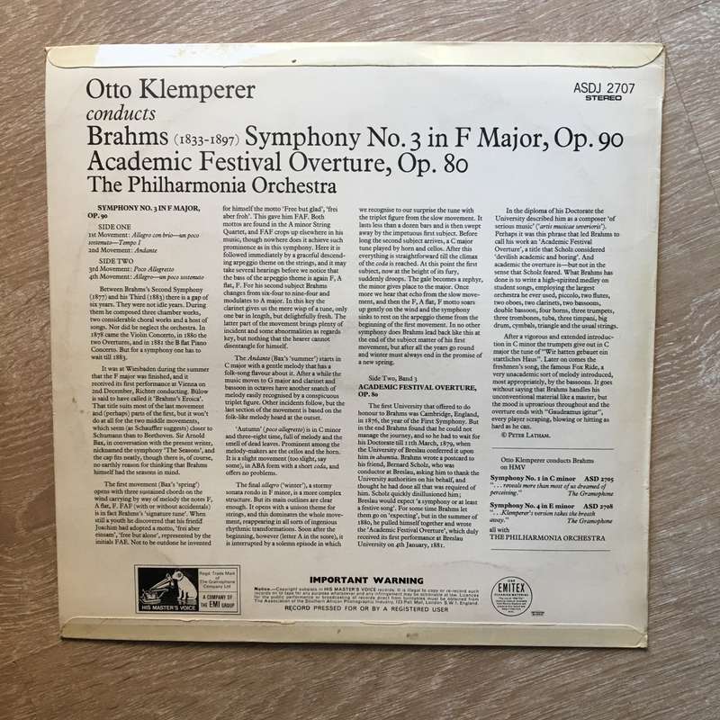 Brahms - Otto Klemperer, The Philharmonia Orchestra  Symphony No. 3 In F Major / Academic F...