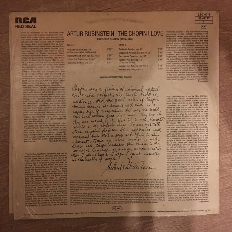 Artur Rubinstein  The Chopin I Love -  Vinyl LP Record - Opened  - Very-Good+ Quality (VG+)