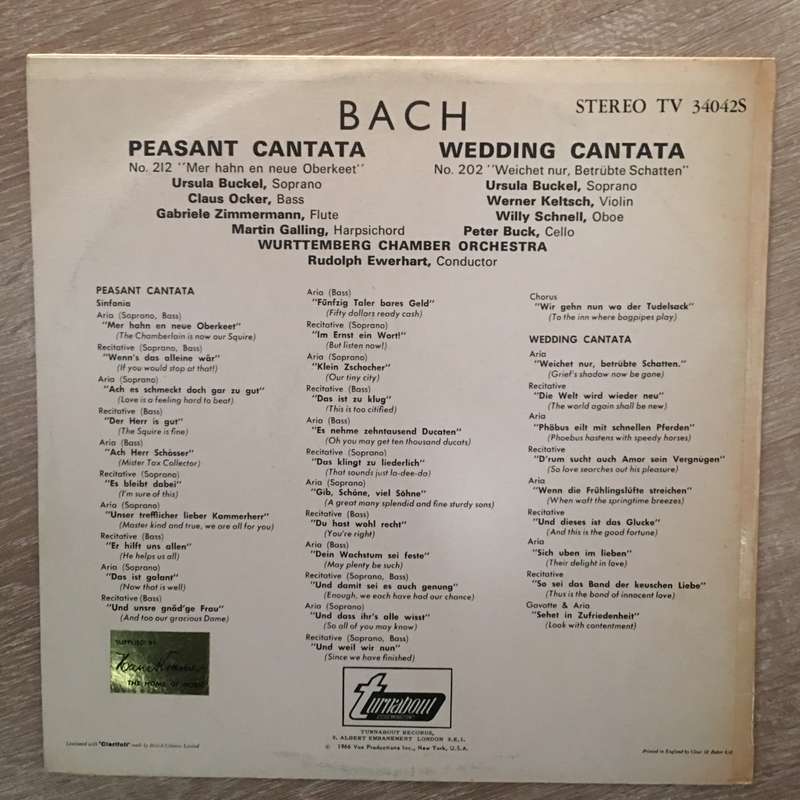 Bach  Peasant Cantata / Wedding Cantata - Vinyl LP Record - Opened  - Very-Good+ Quality (VG+)