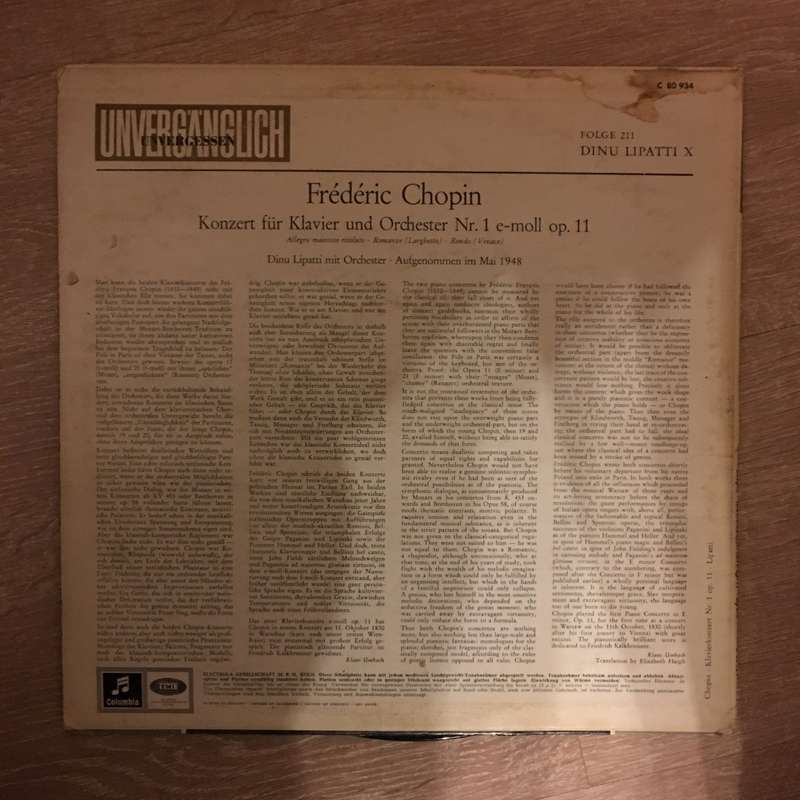 Chopin, Dinu Lipatti  Chopin Concerto No. 1 In E Minor - Vinyl LP Record - Opened  - Good+ ...