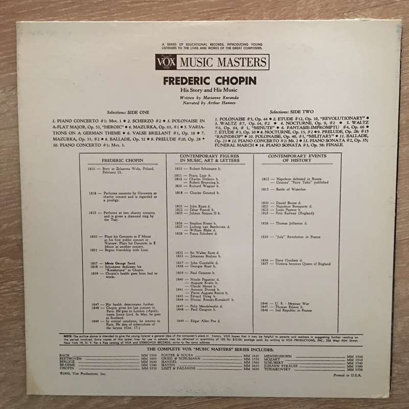 Vox Masters - Frederic Chopin - His Story and His Music - Narrated by Arthur Hannes - Vinyl LP Re...