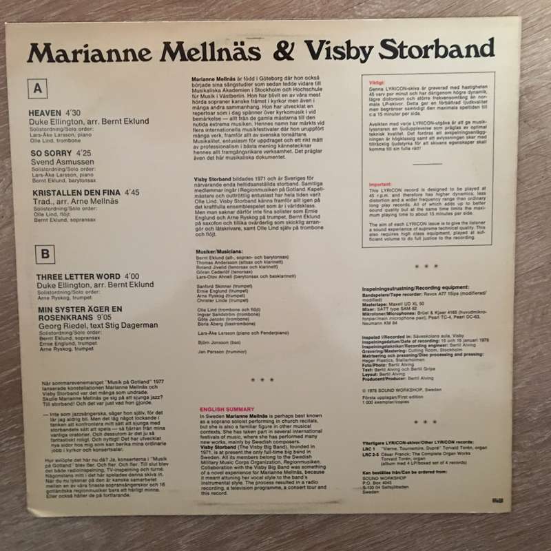 Marianne Mellnäs & Visby Storband  Marianne Mellnäs & Visby Storband - Vinyl LP Record - ...