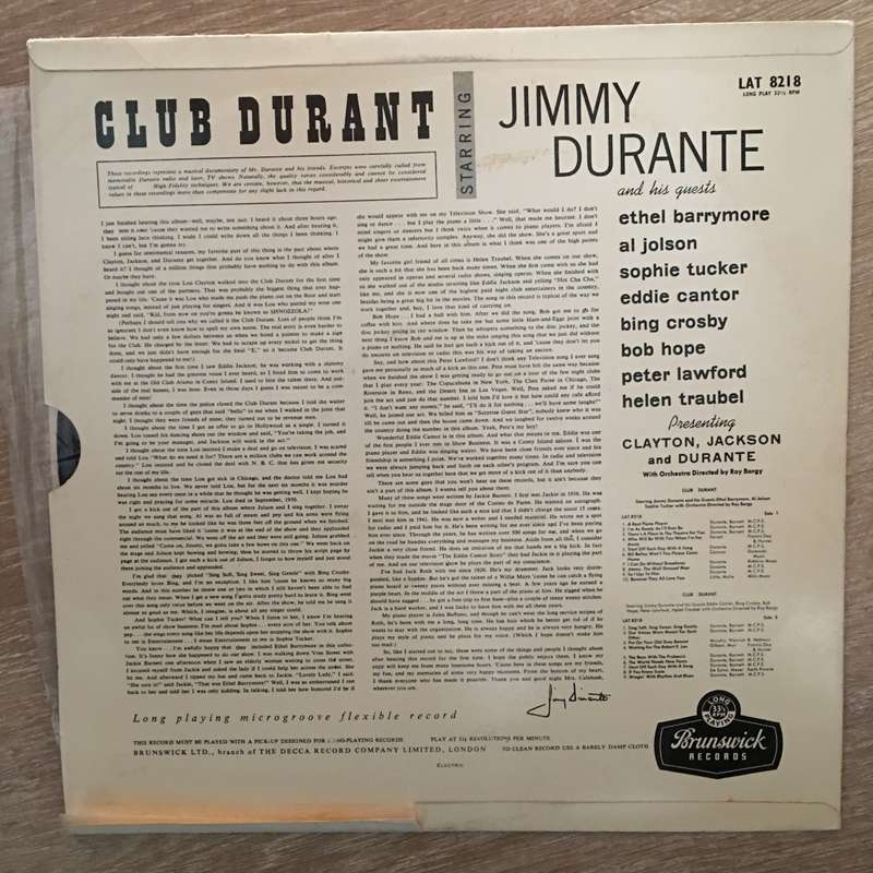 Jimmy Durante  Club Durant Starring Jimmy Durante And His Guests - Vinyl LP Record - Opened...