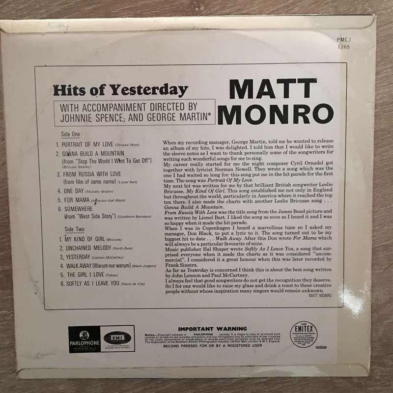 Matt Monro - Hits of Yesterday - Vinyl LP Record - Opened  - Very-Good- Quality (VG-)