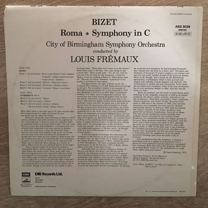Bizet - Roma - Symphony In C - Louis Fremaux - City Of Birmingham Symphony Orchestra - Vinyl LP R...