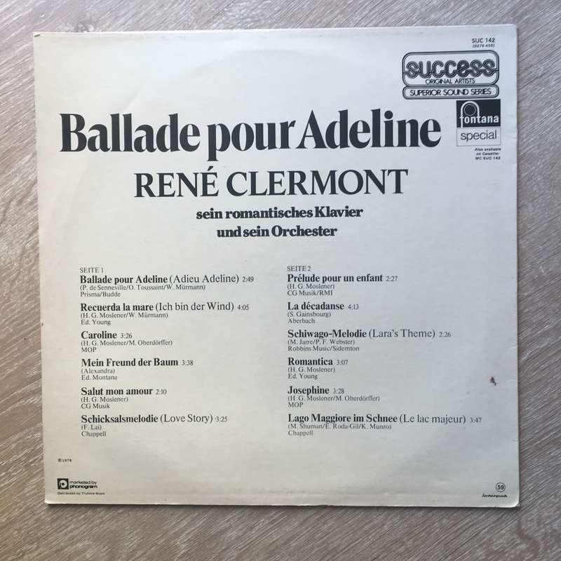 Rene Clermont   Ballade Pour Adeline -  Vinyl LP Record - Opened  - Very-Good+ Quality (VG+)