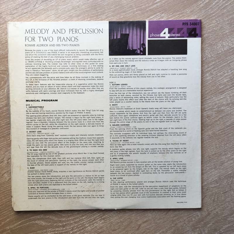 Ronnie Aldrich And His Two Pianos  Melody And Percussion For Two Pianos -  Vinyl LP Record ...