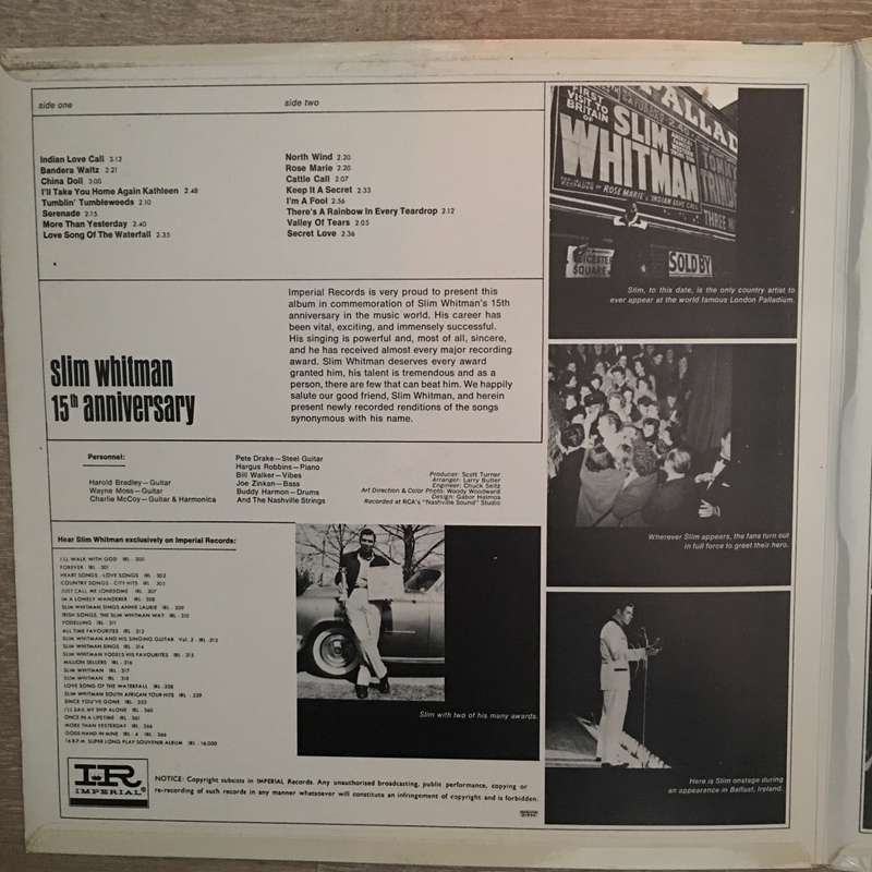 Slim Whitman  15th Anniversary Album - Vinyl LP Record - Opened  - Very-Good+ Quality (VG+)