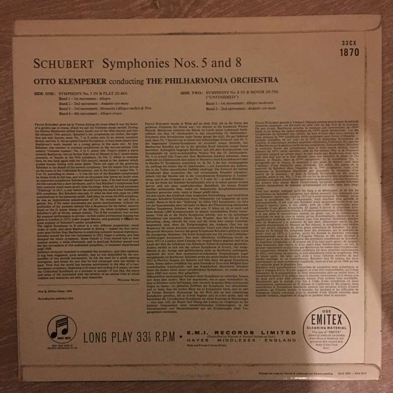 Schubert, Philharmonia Orchestra, Otto Klemperer  Schubert Symphonines Nos. 5 And 8 - Vinyl...