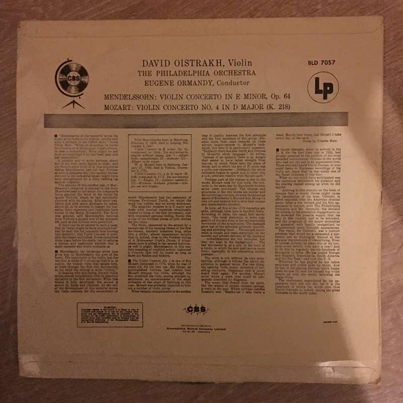 Oistrakh, The Philadelphia Orchestra, Eugene Ormandy - Mendelssohn / Mozart  Violin Concert...