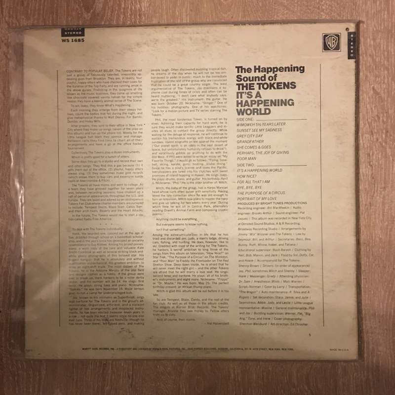 The Tokens  It's A Happening World - Vinyl Record - Opened  - Very-Good Quality (VG)