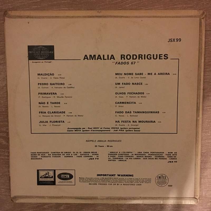 Amalia Rodrigues  Fados 67 - Vinyl LP Record - Opened  - Very-Good+ Quality (VG+)