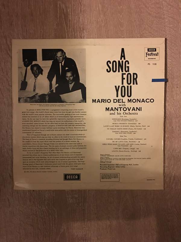 Mario Del Monaco - A Song For You - Mantovani - Vinyl LP Record - Opened  - Very-Good+ Quality (VG+)