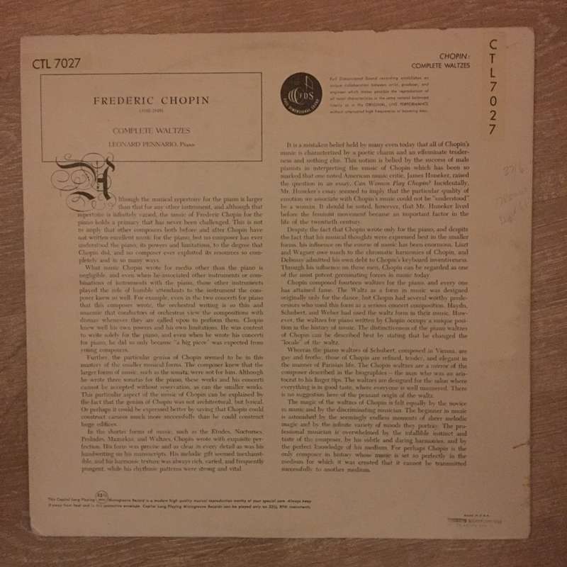 Leonard Pennario  Chopin Waltzes  Vinyl LP Record - Opened  - Good+ Quality (G+)