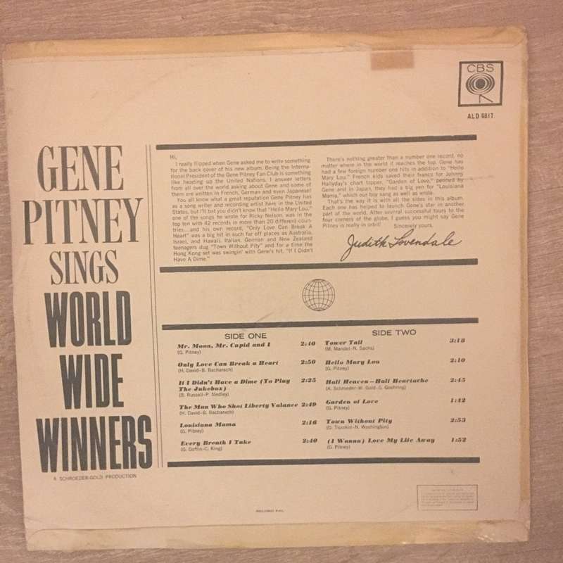 Gene Pitney  Sings World-Wide Winners - Vinyl LP Record - Opened  - Very-Good Quality (VG)