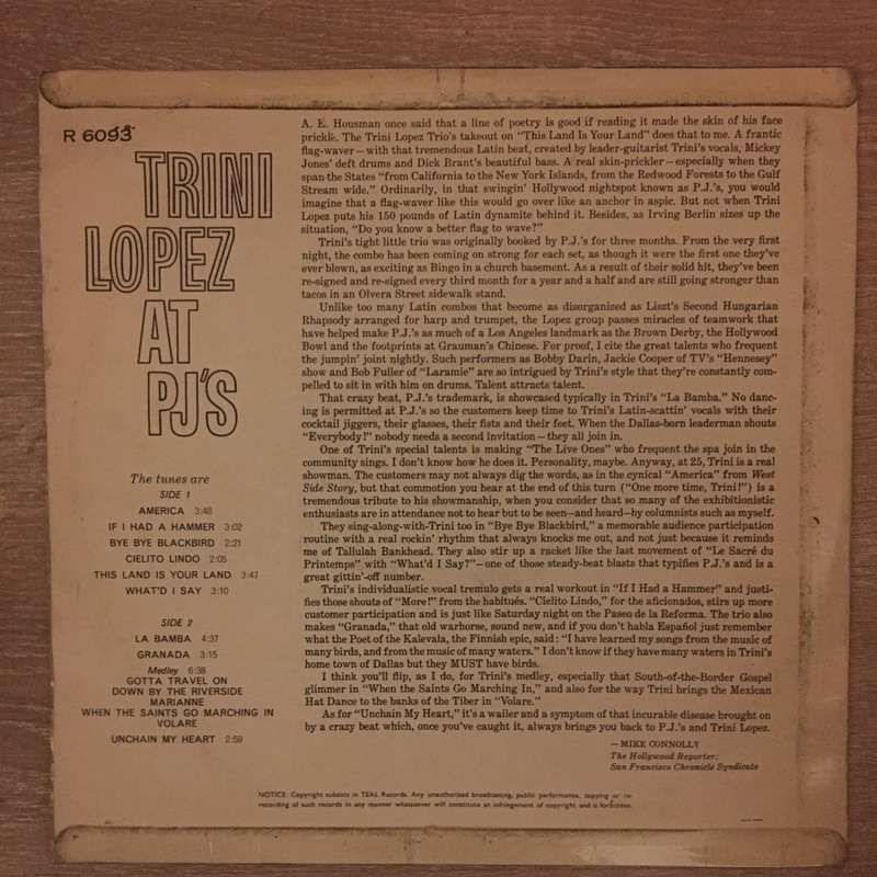 Trini Lopez - At PJ's  - Vinyl LP Record - Opened  - Very-Good Quality (VG)