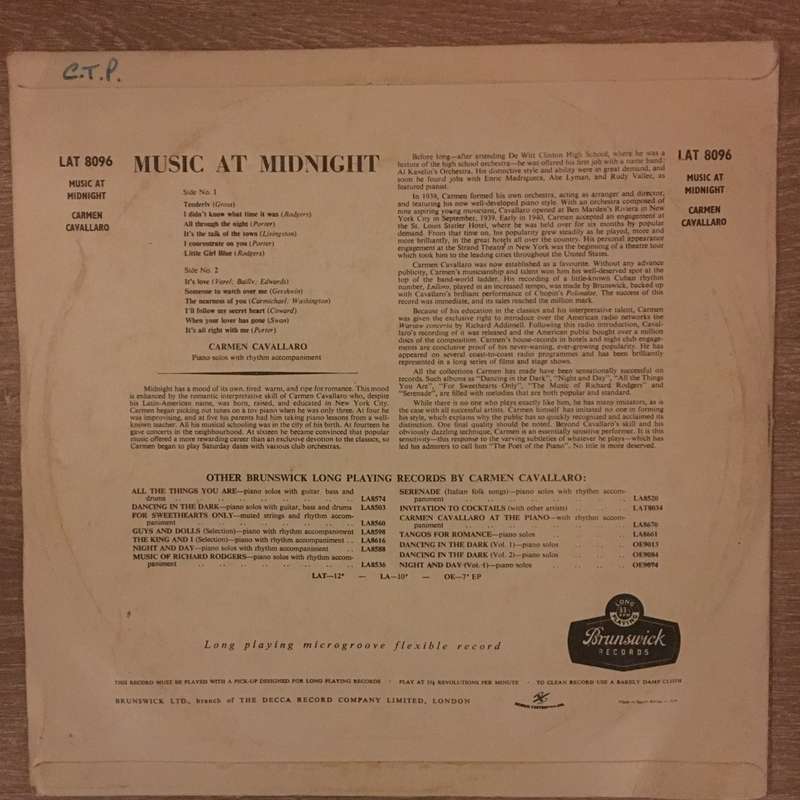Carmen Cavallaro  Music At Midnight  - Vinyl LP Record - Opened  - Very-Good Quality (VG)
