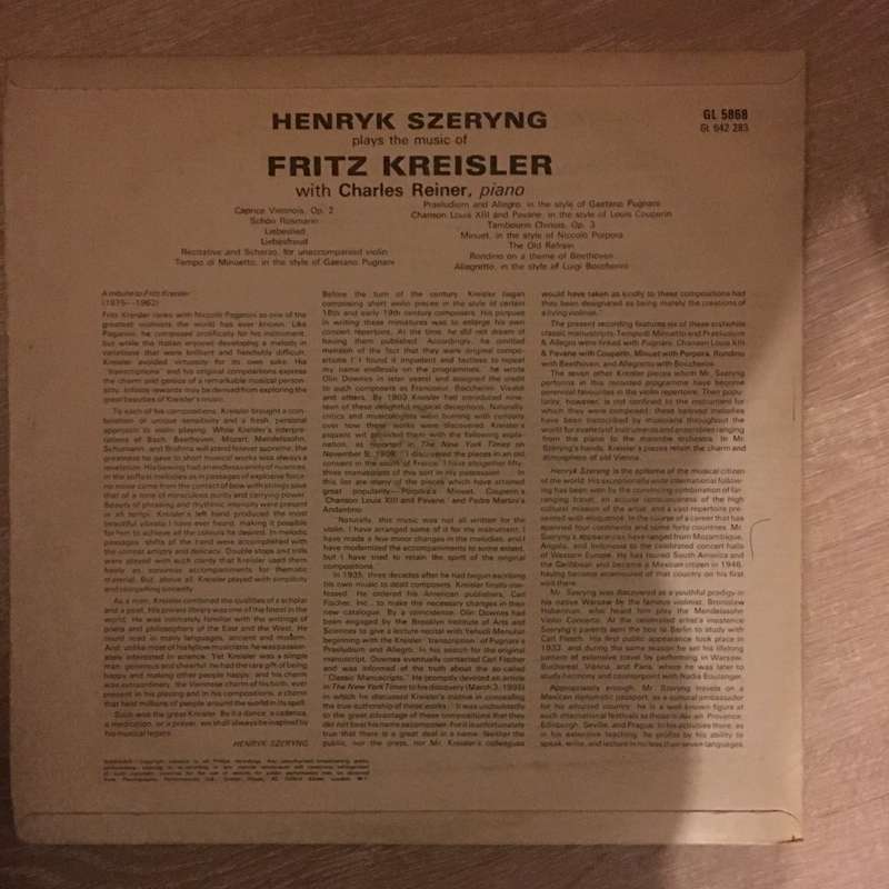Henryk Szeryng  Plays The Music Of Fritz Kreisler - Vinyl LP Record - Opened  - Very-Good- ...