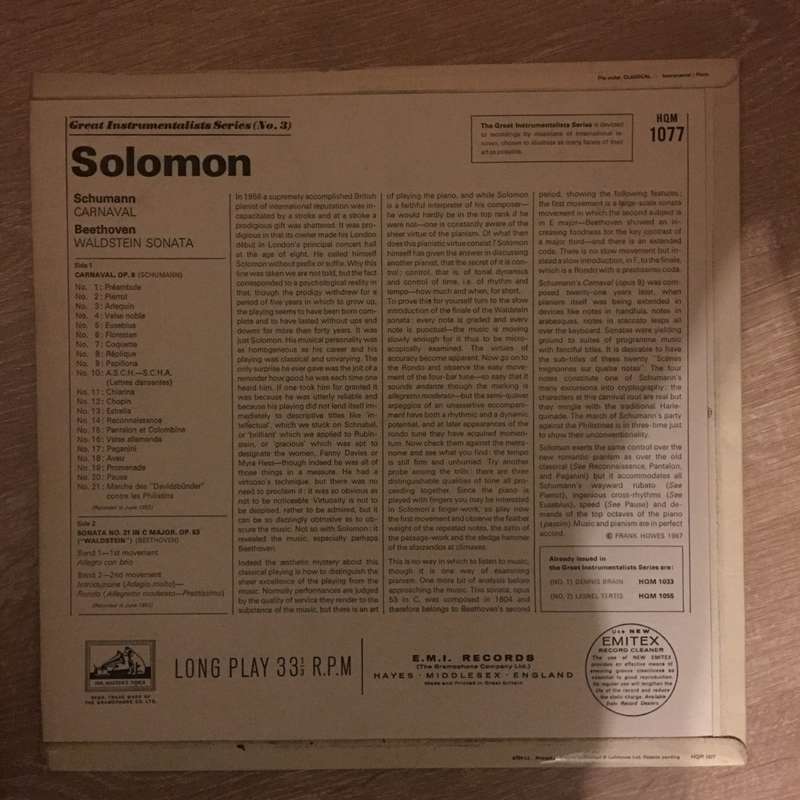 Solomon  Schumann: Carnaval And Beethoven: 'Waldstein' Sonata - Vinyl LP Record - Opened  -...