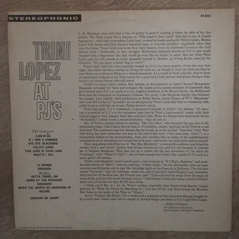 Trini Lopez at PJ's - Live Vinyl LP Record - Opened  - Good+ Quality (G+)