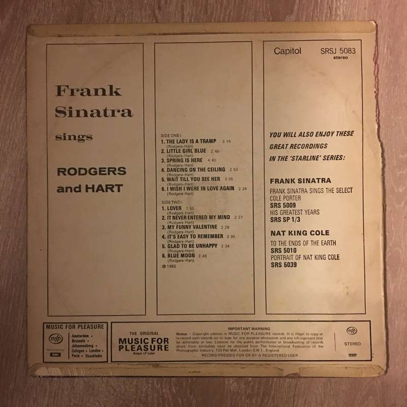 Frank Sinatra Sings Rodgers and Hart -  Vinyl LP Record - Opened  - Very-Good Quality (VG)