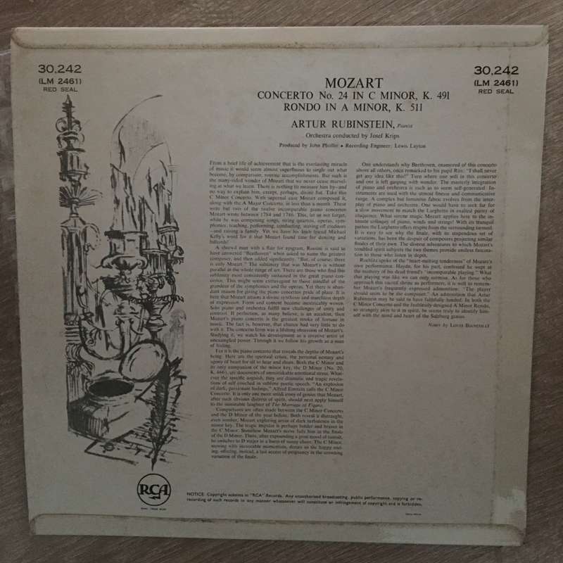 Rubinstein, Josef Krips, Mozart  Concerto No. 24 · Rondo, K. 511 - Vinyl LP Record - Op...