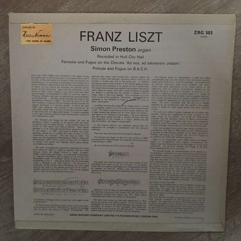 Franz Liszt, Simon Preston  At The Organ Of Hull City Hall - Vinyl LP Record - Opened  -...