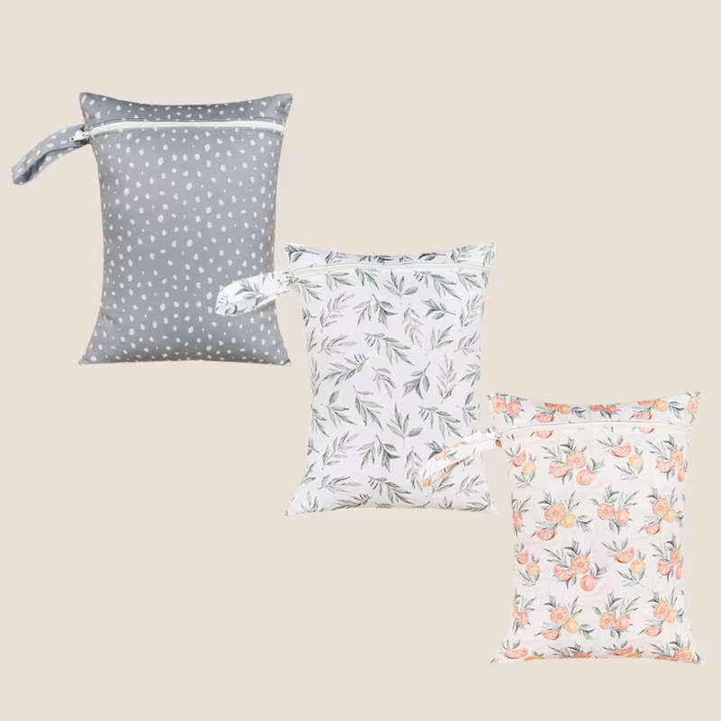 3 pack reusable wet bag - Sage dots, ferns, fruit