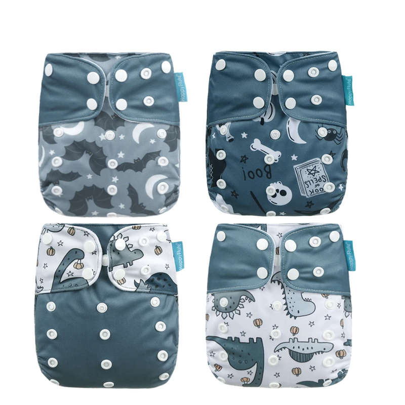 4 Pack, Happy Flute Pocket Diapers, Dinos and bats