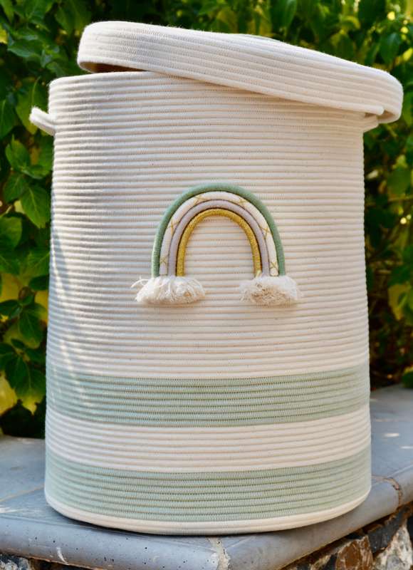 Rainbow rope laundry basket - with lid sage