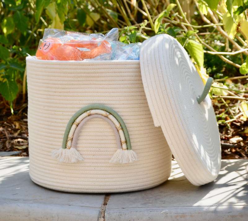 Rainbow rope basket - with lid sage