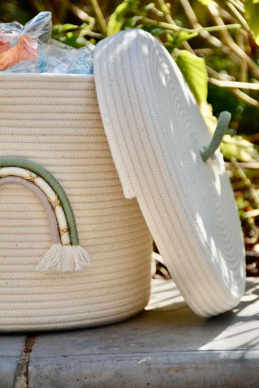 Rainbow rope basket - with lid sage