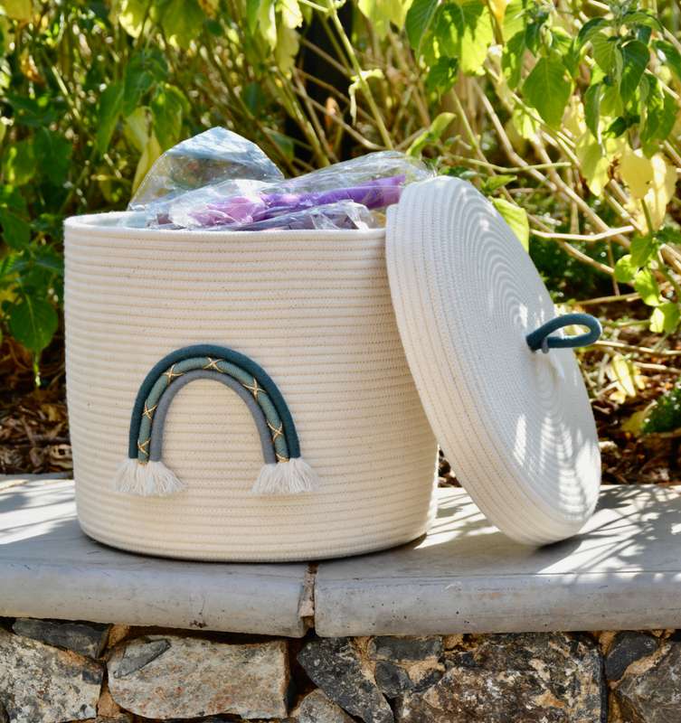 Rainbow rope basket - with lid Blue
