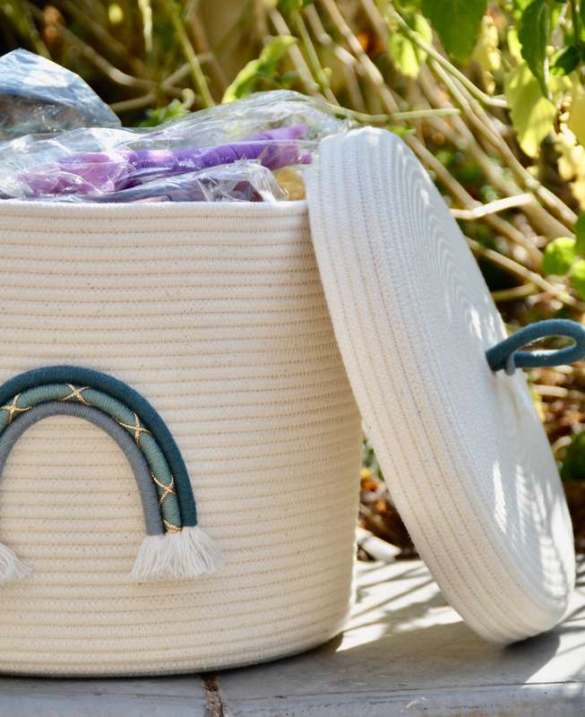 Rainbow rope basket - with lid Blue