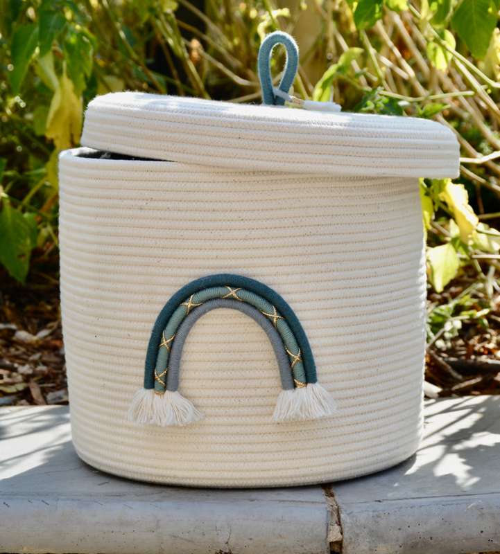 Rainbow rope basket - with lid Blue
