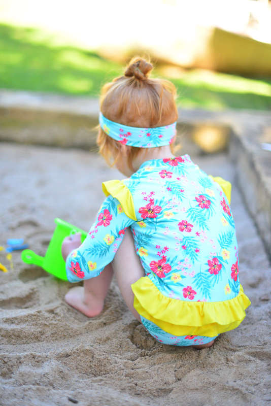 Turquoise floral girl swimsuit with headband