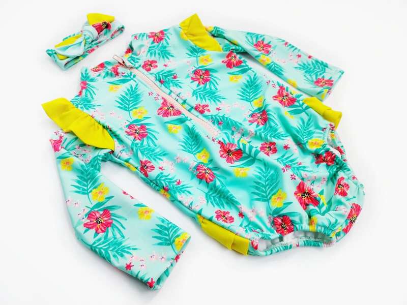 Turquoise floral girl swimsuit with headband